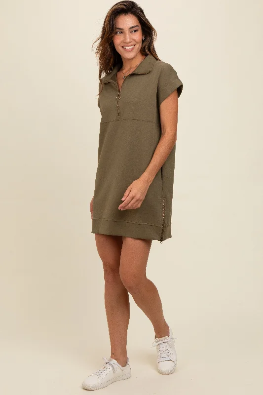 Women's mini dress sprout flair -Olive Knit Half Zip Mini Dress