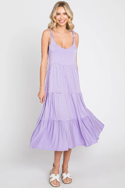 ladies-midi-dress-stretchy-sweep-Lavender Sleeveless Tiered Midi Dress