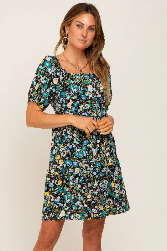 ladies-floral-dress-weekend-wisp-Black Floral Puff Sleeve Dress