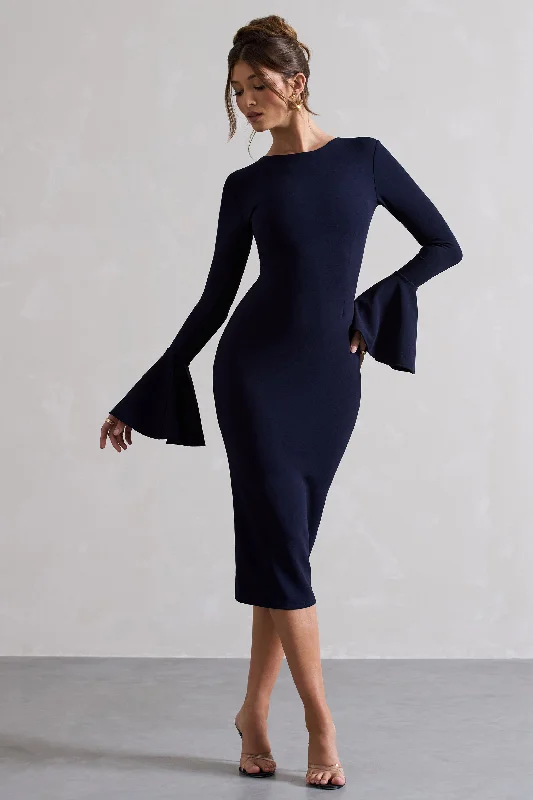 Women's bodycon dress eve glow -Rhyanne | Navy Bodycon Flared-Sleeve Midi Dress