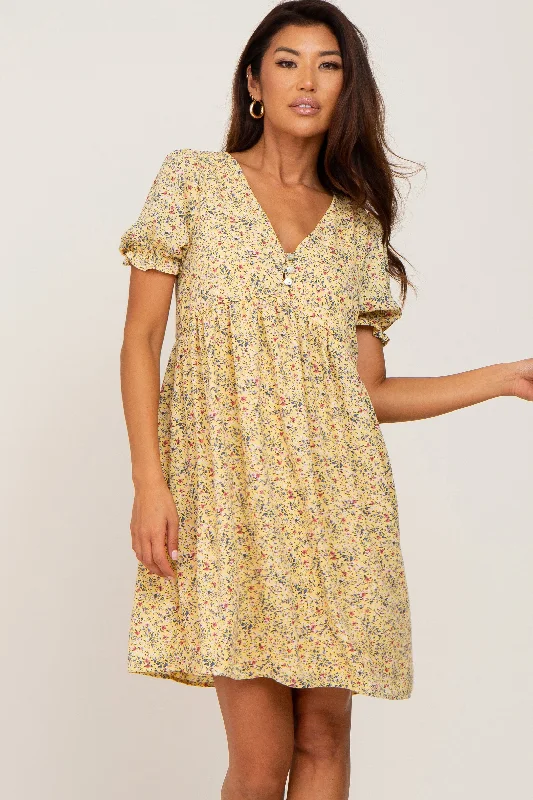 ladies-floral-dress-tie-front-tulip-Yellow Floral V-Neck Button Dress