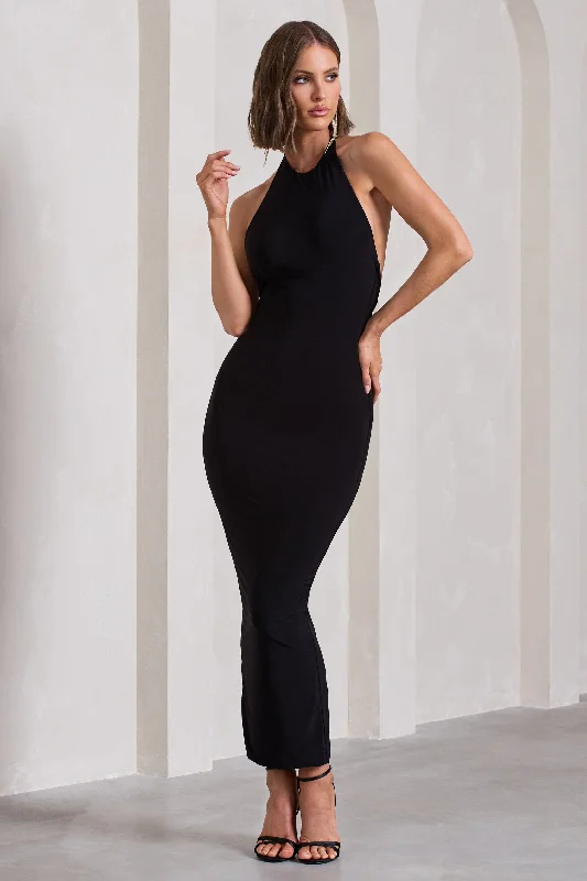 ladies-maxi-dress-draped-dawn-Kirsten | Black Sleeveless Halter-Neck Open-Back Maxi Dress