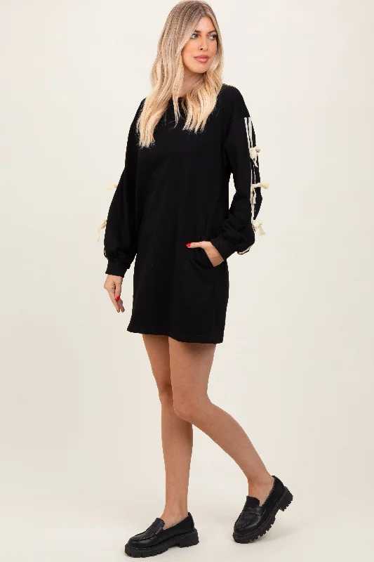 Women's mini dress core chic -Black Bow Detail Long Sleeve Sweatshirt Mini Dress