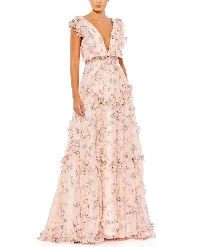 ladies-floral-dress-budget-blossom-Mac Duggal Ruffled Floral Print Cap Sleeve Gown