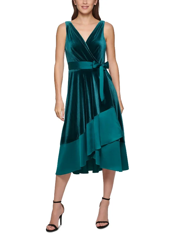 Women's party dress satin -Petites Womens Velvet Midi Cocktail and Party Dress