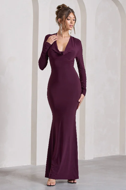 ladies-maxi-dress-structured-silk-My Attention | Plum Plunge Cowl-Neck Long-Sleeve Maxi Dress