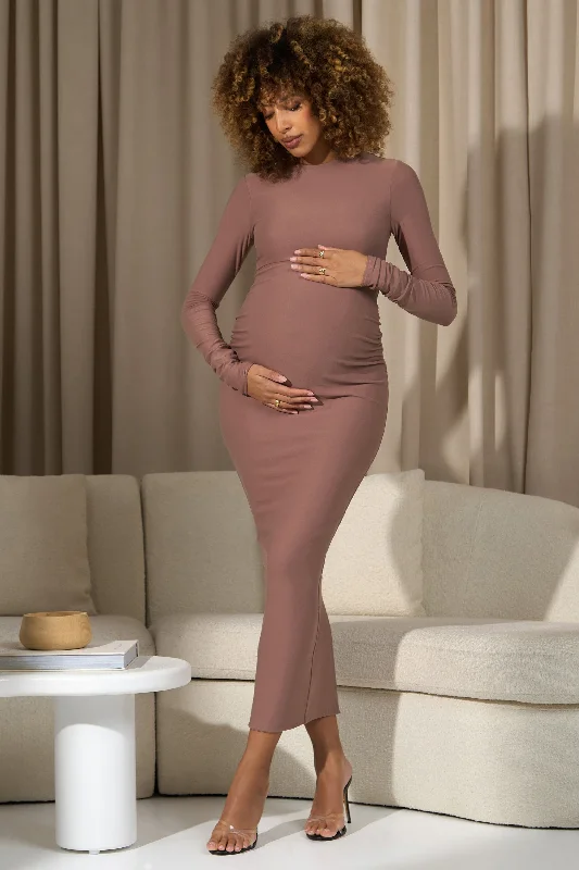 Women's bodycon dress stripe glow -Dove | Warm Taupe Bodycon Long-Sleeve Maternity Maxi Dress