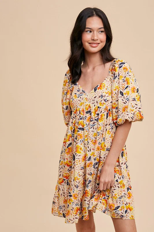 ladies-floral-dress-lily-lift-Multicolor Floral Print Puff Sleeve Dress