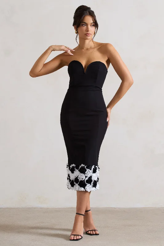 Women's bodycon dress curve chic -Ramona | Black Bodycon Sweetheart Midi Dress With Floral Trim