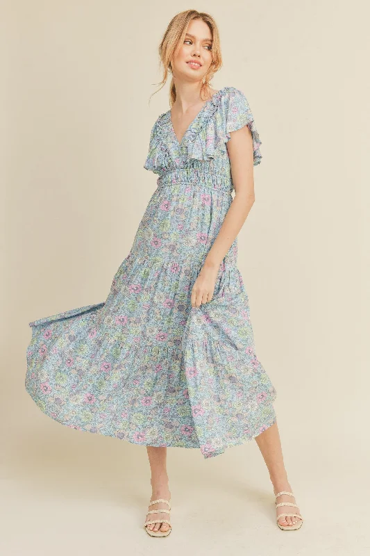 ladies-midi-dress-party-poise-Sky Blue Floral Tiered Floral Midi Dress