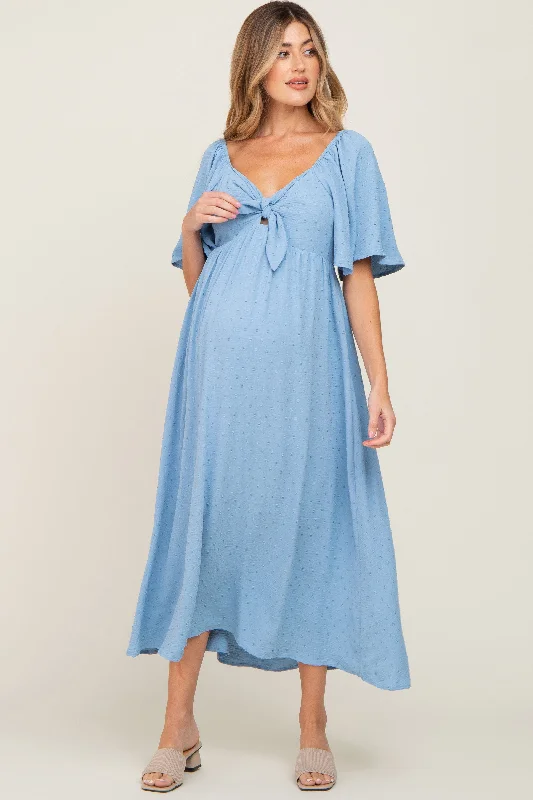 ladies-midi-dress-peach-pride-Blue Textured Dot Front Tie Ruffle Sleeve Maternity Midi Dress