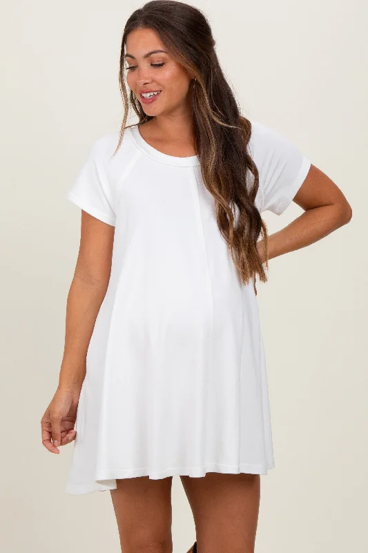 Women's mini dress drift chic -Ivory French Terry Basic Short Sleeve Maternity Mini Dress