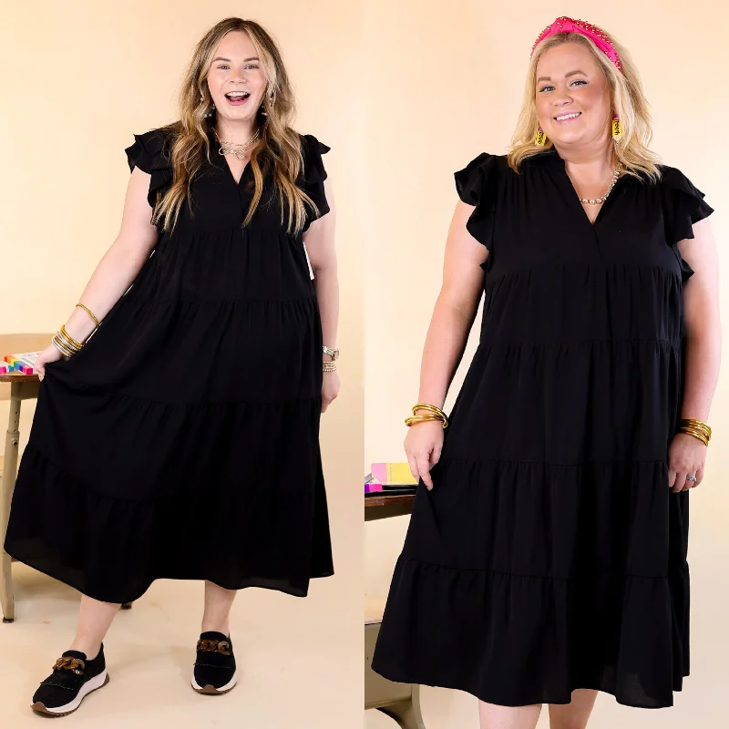 ladies-midi-dress-shimmer-sweep-All Of A Sudden Tiered Midi Dress with Ruffle Cap Sleeves in Black