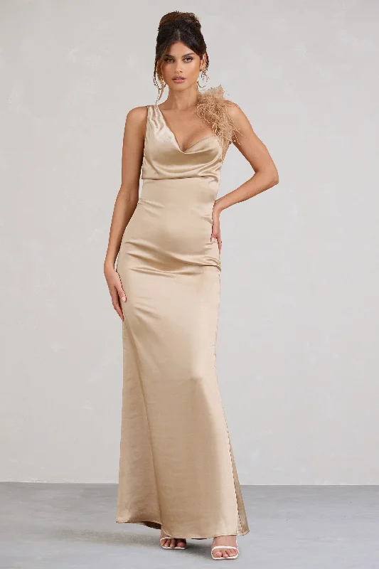 ladies-maxi-dress-rose-ripple-Cherish Me | Gold Satin Asymmetric Cowl Maxi Dress With Feather Strap