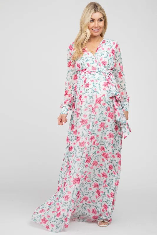 ladies-maxi-dress-fringe-fable-Ivory Floral Chiffon Long Sleeve Pleated Maternity Maxi Dress