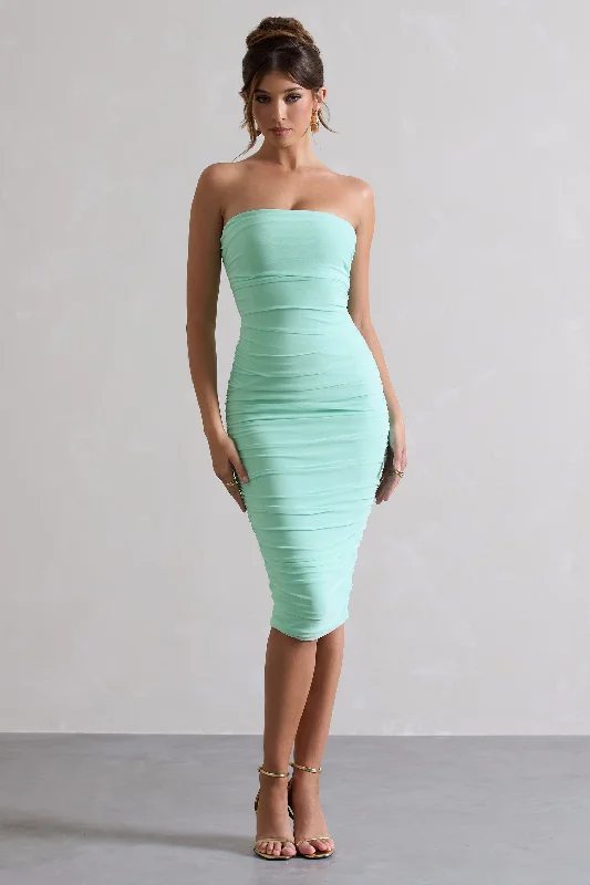 Women's bodycon dress dine glow -My Girl | Iced Green Strapless Bodycon Ruched Mesh Midi Dress