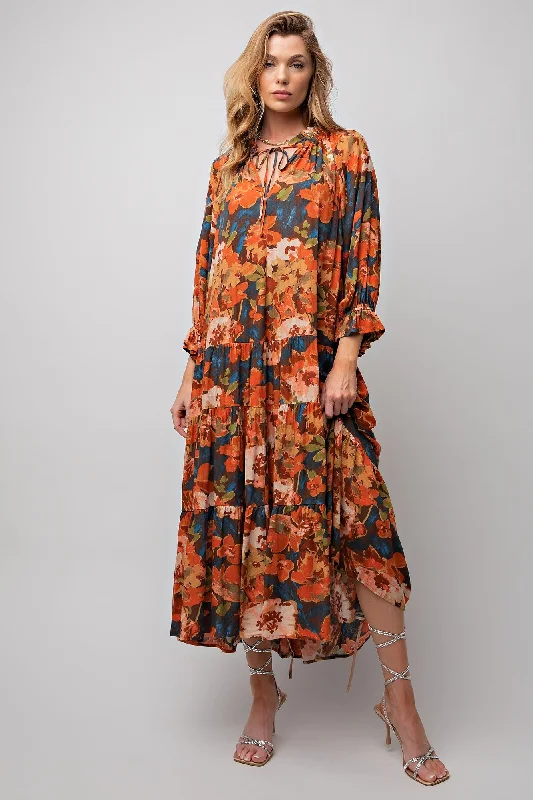 ladies-floral-dress-sale-sweep-Teal Brown Floral Printed Dress