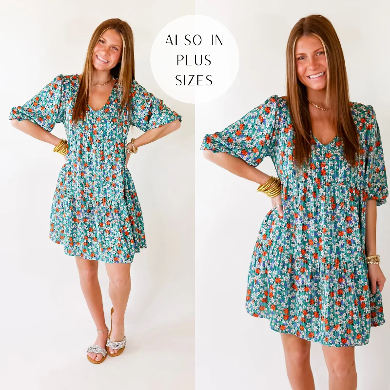 ladies-floral-dress-fresh-fable-Last Chance Size Small & Medium | Pretty Personality Tiered Floral Dress in Teal