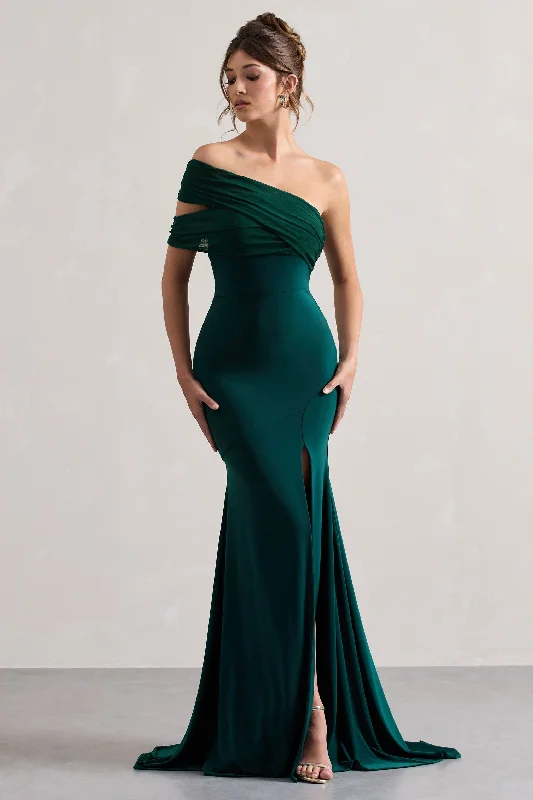 ladies-maxi-dress-influencer-iris-Fused | Bottle Green Asymmetric Bardot Split Maxi Dress